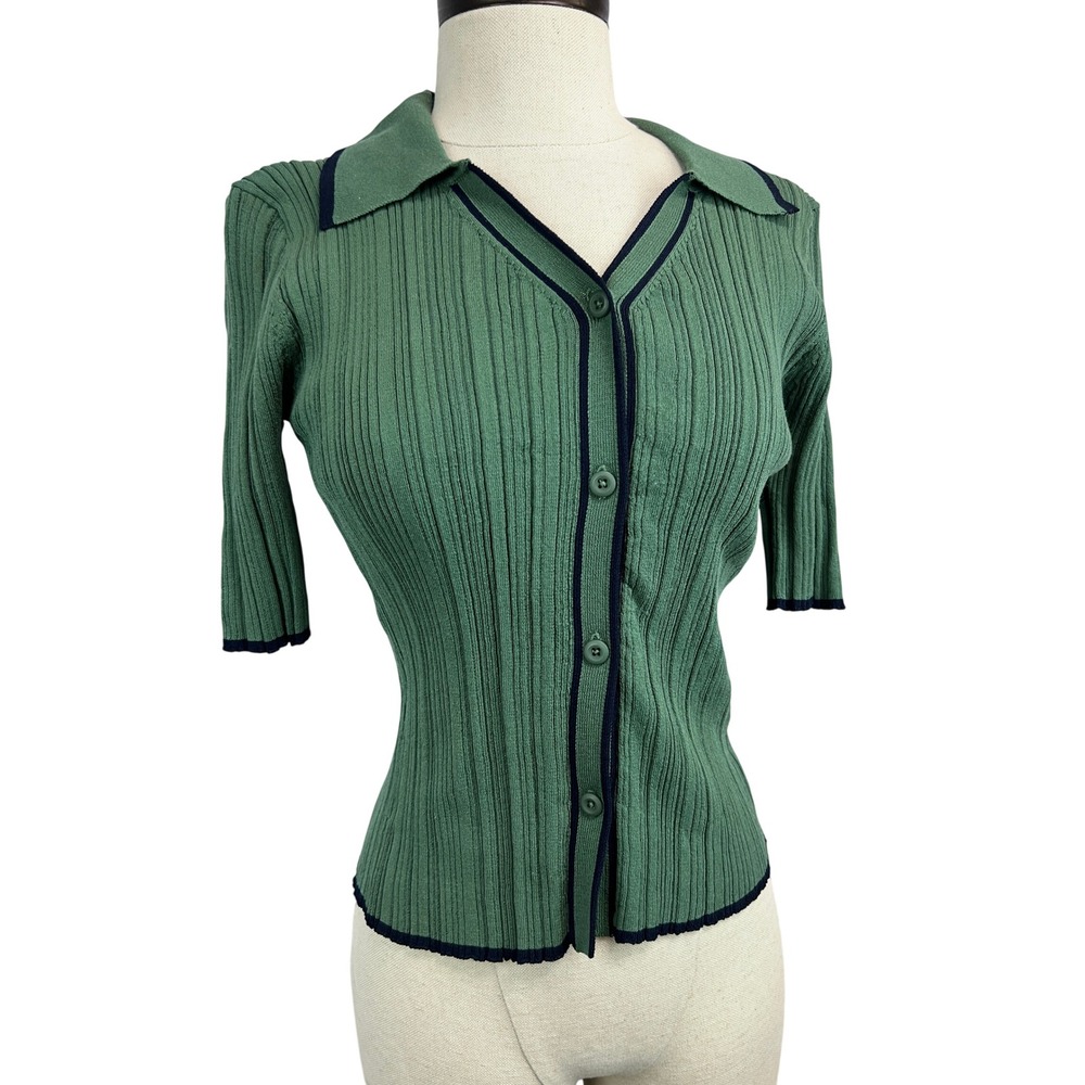 MOUSSY Ribbed Knit Cardigan OS Khaki New Short Sleeve Polo Top 010FAW70-5150